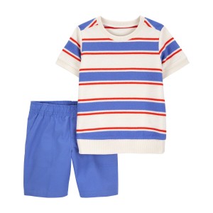 Blue Toddler 2-Piece Striped Tee & Canvas Short Set