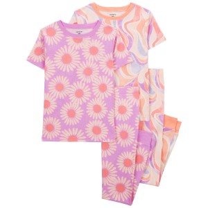 Pink Kid 4-Piece Daisy 100% Snug Fit Cotton Pajamas
