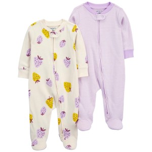 Pink Baby 2-Pack Strawberry Zip-Up Cotton Sleep & Play Pajamas