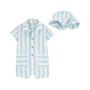Blue/White Baby 2-Piece Striped Romper & Hat Set