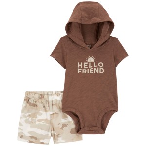 Brown Baby 2-Piece Hello Friend Hooded Bodysuit & Camo Short Set