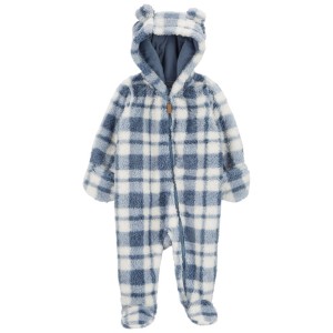 Ivory/Blue Baby Plaid Sherpa Jumpsuit