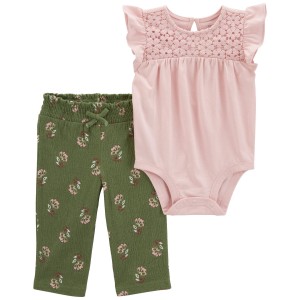 Pink/Green Baby 2-Piece Flutter Bodysuit & Floral Pant Set