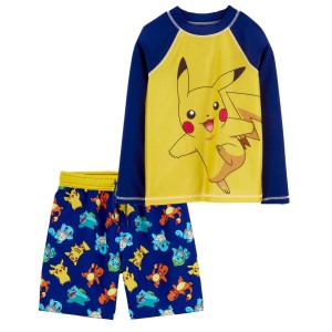 Multi Kid Pikachu Pokemon Rashguard & Swim Trunks Set
