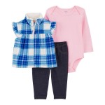 Pink/Blue Baby 3-Piece Plaid Little Vest Set