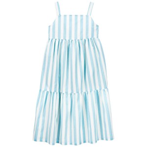 Blue/White Kid Striped Midi Tiered Dress