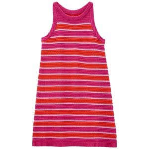 Pink Kid Striped Tank Crochet Sweater Dress