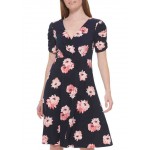 Short Puff Sleeve Floral Printed Fit and Flare Dress