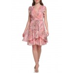 Womens Short Sleeve Ruffle Floral Fit and Flare Dress