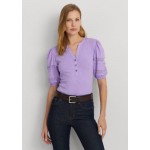 Womens Lace-Trim Jersey Puff-Sleeve Henley T-Shirt
