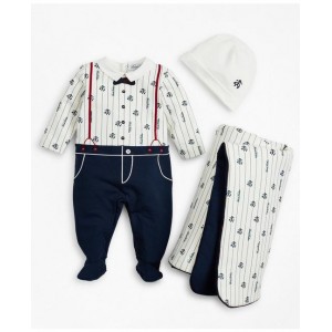 Boys Pinstripes & Suspenders Stretch Cotton Footie, Hat & Blanket Set - 6 Months