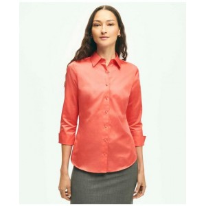 Fitted Stretch Cotton Sateen Three-Quarter Sleeve Blouse