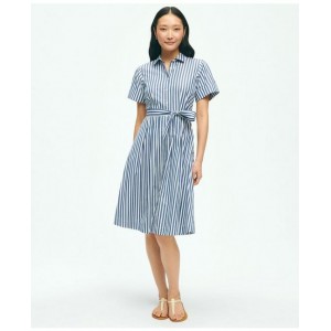 Striped Belted Shirt Dress In Cotton