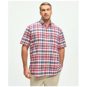 Big & Tall Washed Cotton Madras Short Sleeve Button-Down Collar Sport Shirt