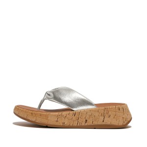 Metallic Leather-Twist Flatform Toe-Post Sandals (Cork Wrap)
