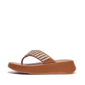 Two-Tone Woven-Leather Flatform Toe-Post Sandals