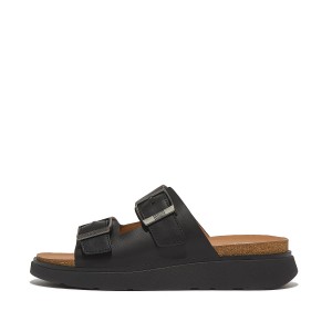 Mens Buckle Two-Bar Leather Slides