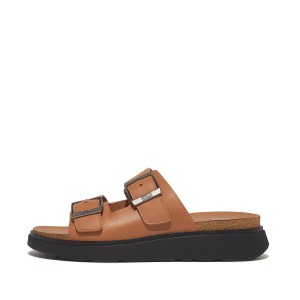 Mens Buckle Two-Bar Leather Slides