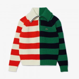 Womens Wool Zip Neck Contrast Stripe Colorblock Sweater
