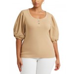 Plus Puff Sleeve Stretch Cotton Henley Tee