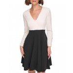 Long Sleeve Scuba Crepe Color-Block Fit-and-Flare Cream/Black