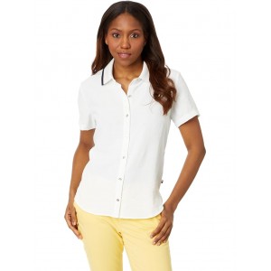 Short Sleeve Button Up With Ribbed Collar Ivory