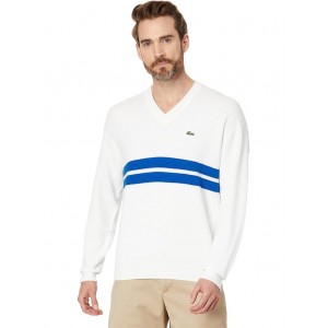 Lacoste Long Sleeve Relaxed Fit V-Neck Sweater with Stripes