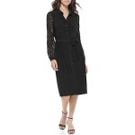 Long Sleeve Jersey Shirtdress with Lace Sleeve Black
