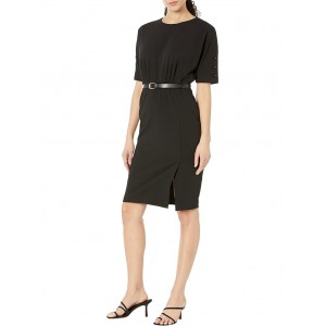 Scuba Crepe Dress with Belt and Sleeve Button Detail Black