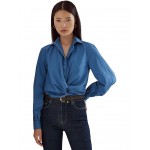Twist-Front Broadcloth Cropped Shirt Frosted Lapis