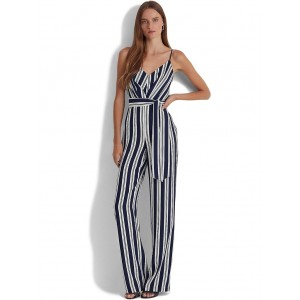 Striped Belted Crepe Jumpsuit Navy/White