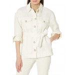 Belted Herringbone Linen Shirt Jacket Mascarpone Cream
