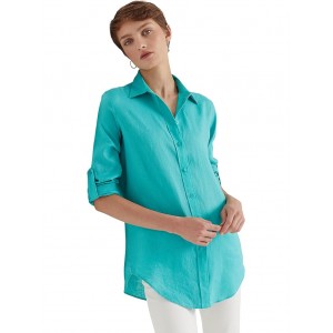 Roll-Tab-Sleeve Linen Shirt Natural Turquoise