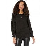 Keyhole Blouse with Ruffle Party Puckered Plaid/Black