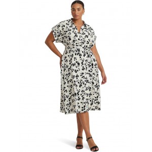 Plus-Size Leaf-Print Belted Crepe Dress Cream/Black