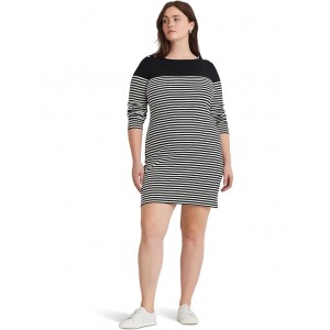 Plus-Size Striped Cotton Boatneck Dress Black/Mascarpone Cream