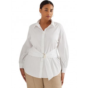 Plus-Size Tie-Front Cotton-Blend Shirt White
