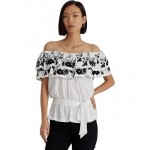 Embroidered Jersey Off-the-Shoulder Top White/Black