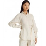 Ruffle-Trim Belted Linen Shirt Mascarpone Cream