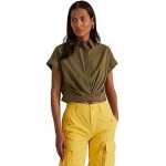 Twist-Front Cotton Broadcloth Shirt Olive Fern