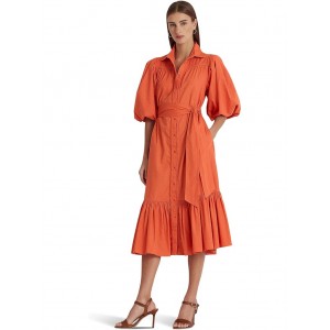 Belted Broadcloth Bubble-Sleeve Shirtdress Canyon Orange