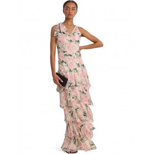 Floral Crinkle Georgette Tiered Gown Cream/Pink/Multi