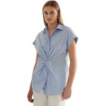 Twist-Front Cotton Short Sleeve Shirt Pebble Blue