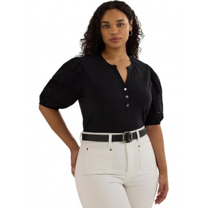 Plus-Size Lace-Trim Jersey Puff-Sleeve Henley Tee Black