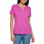 Jewel Neck Keyhole Cut-Out Knit Tee Shocking Pink