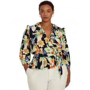Plus Size Floral Jersey Belted Peplum Top Navy Multi