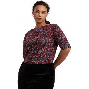Plus-Size Checked Paisley Cotton Boatneck Tee Red/Black/Multi