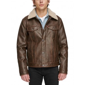 Faux Leather Trucker with Sherpa Lined Collar Brown