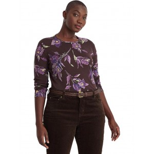 Plus Size Floral Cotton Long Sleeve Tee Brown/Purple/Multi