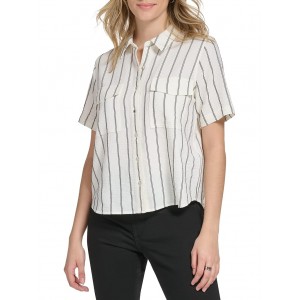Short Sleeve Button Front White/Black Combo